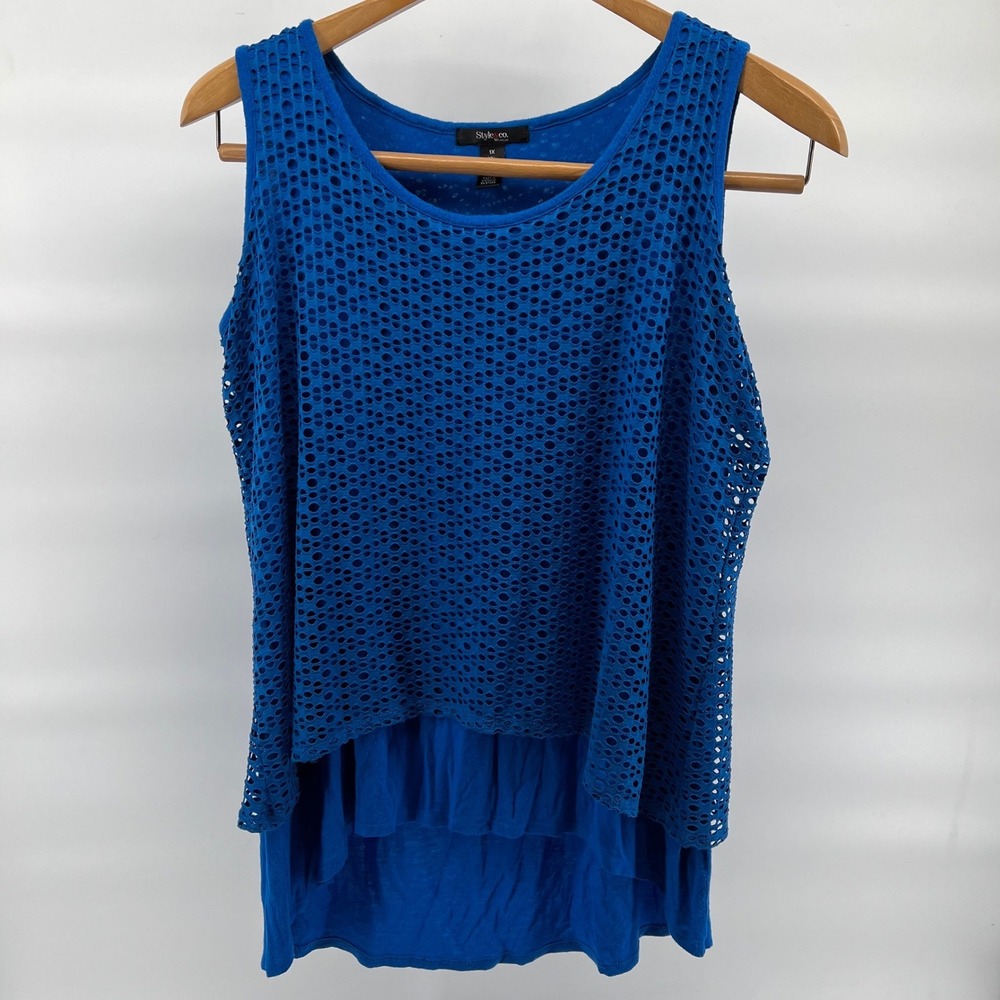Style & Co Woman Blue Layered Eyelet Mesh Crossover Back Tank Top 1X High Low